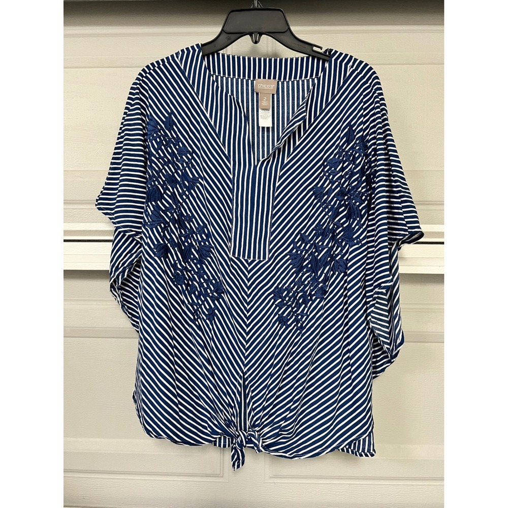 Chico's Blue White Striped Floral Embroidered Tie Front Top Size 2 Rayon Blouse